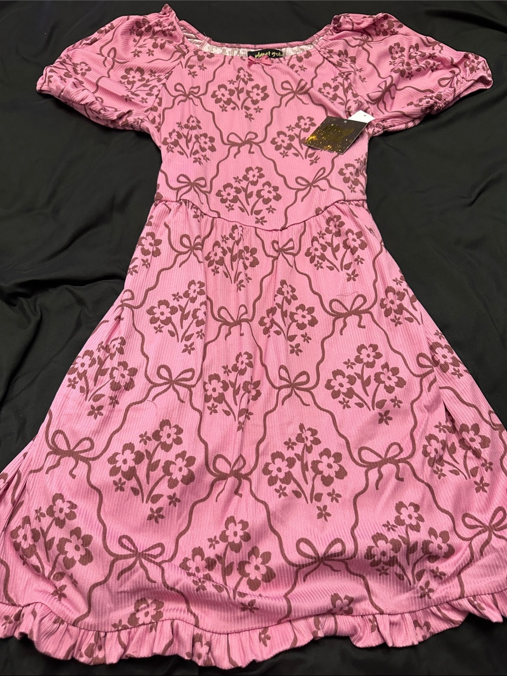 Girls Pink Floral Bow Print Dress planet gold